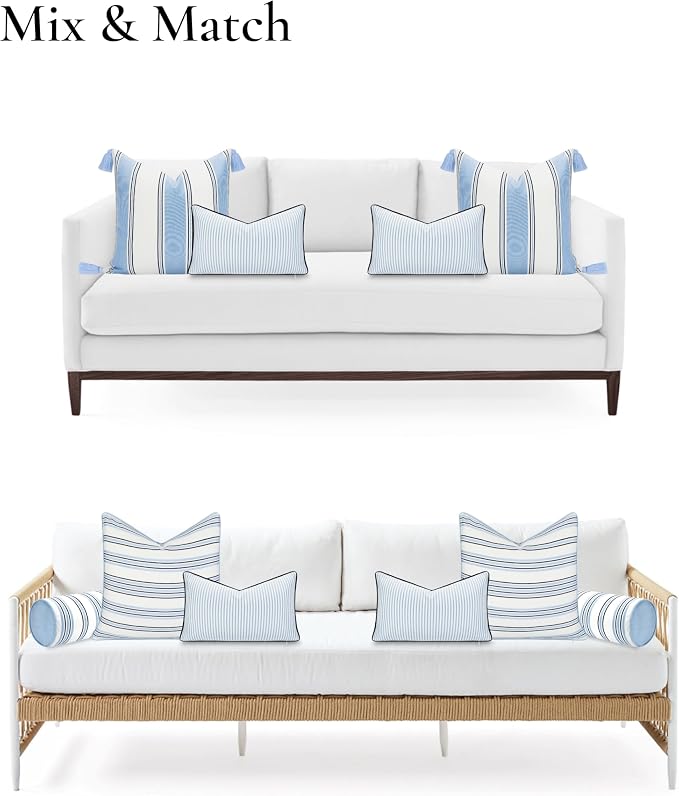 Hofdeco Premium Coastal Hampton Outdoor Performance Lumbar Pillow Cover Only, 12"x20" Water Repellent, UV and Fade Resistant for Backyard, Couch, Poolside, Azure Blue Indigo Woven Coastline Stripes