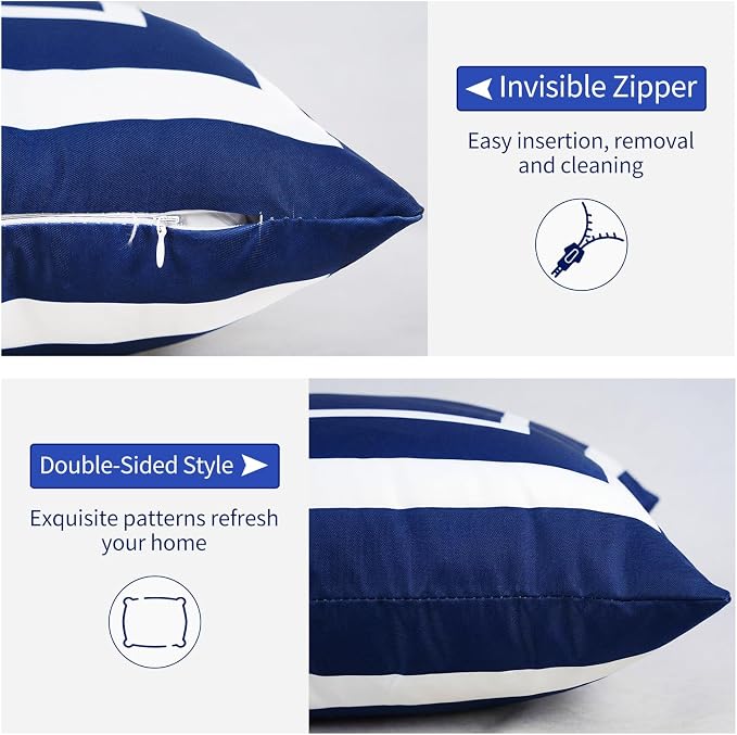 Pyonic Outdoor Waterproof Throw Pillow Covers 18 X 18 Inches Navy Blue and White Geometric Modern Pillow Covers for Patio Garden Porch Set of 2