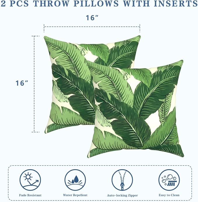 LVTXIII Outdoor Throw Pillows, Decorative Throw Pillows with Inserts, 16"x16" Square Pillows for Bed, Couch, Sofa and Patio Furniture, Set of 2, Swaying Palms Green