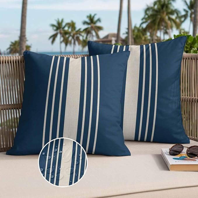 Throw Pillow Covers 20x20 Inch Set of 2, Navy Blue Beige Striped Waterproof Outdoor Cushion Covers, Modern Farmhouse Retro Lines Decorative Pillowcases for Couch, Sofa, Bed, Garden, Patio