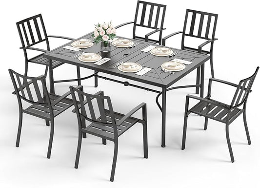 Sophia & William Patio Table and Chairs Set, Outdoor Dining Set for 6, 7 Piece Metal Patio Furniture, 64" Black Rectangular Table(Stripe)