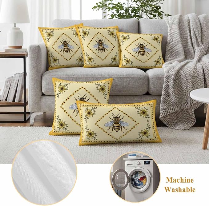 Sunflowers and Bee Outdoor Pillow Covers Set of 2, Farmhouse Retro Floral Decorative Waterproof Throw Pillow Case, Animal Honeybee Cushion Pillowcases for Couch Garden Patio 20x12In