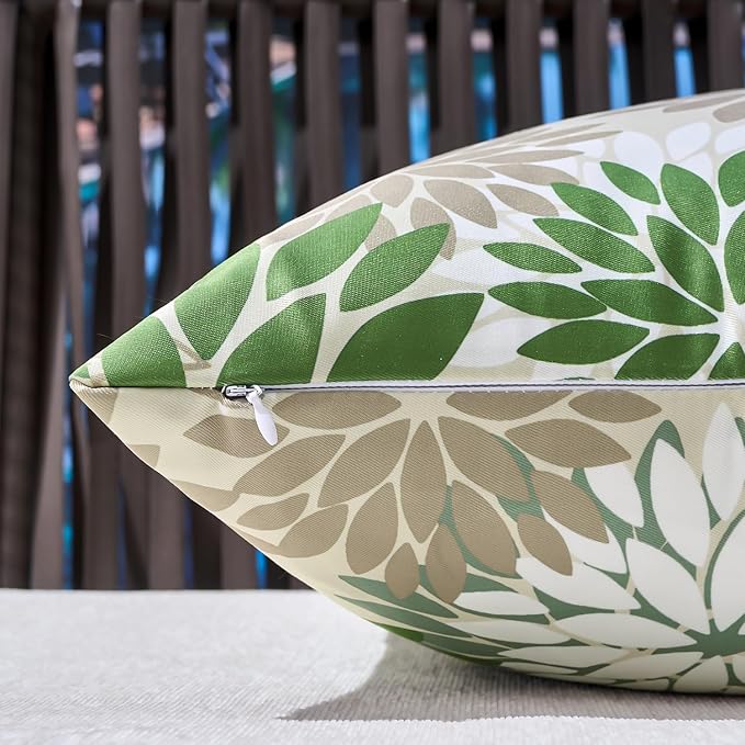 Decorative Outdoor Waterproof Throw Pillow Covers 20×20 Inch Set of 2 Green and Grey Decorative Pillow Case Dahlia Flowers Cushion Covers Spring Summer for Garden Patio Living Room