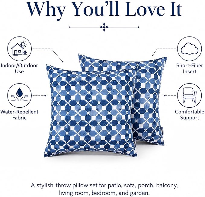 Outdoor Pillows 18"x18" Waterproof Decorative Pillows with Inserts | Pack of 2 Waterproof Decorative Throw Pillows with Inserts, Square Pillows for Bed, Couch, Sofa and Patio Furniture