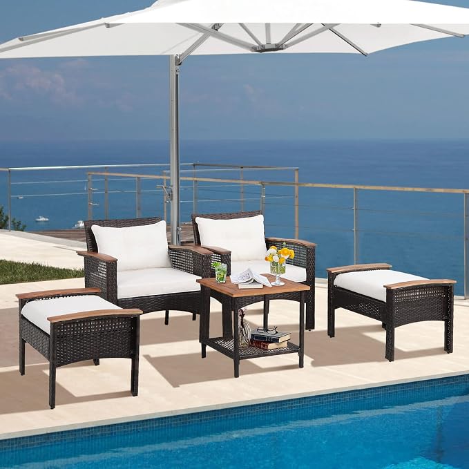 HAPPYGRILL 5 Piece Patio Rattan Sofa Set Outdoor Wicker Conversation Set with 2 Chairs, 2 Ottomans & Coffee Table, All-Weather Wicker Sofa Set for Poolside Backyard