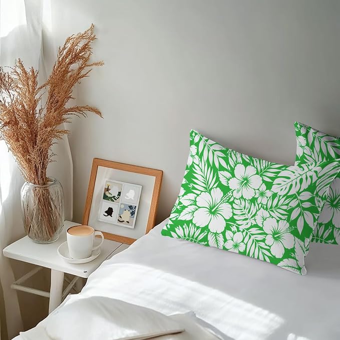 Green Hibiscus Flowers Waterproof Outdoor Pillow Covers Set of 2 Home Decor, Tropical Monstera Leaves Lumbar Pillowcase Patio Pillow Covers for Couch Bench Patio Furniture Garden 20x12in