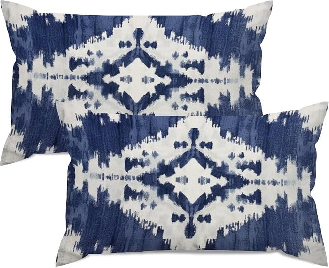 Zipped Pillow Cases for Home Decor Navy Blue Grey and Beige Ikat Pattern Print Throw Pillow Cover Set of 2 Farmhouse Cushion Cover Cases for Living Room Club Home Decor 12x20in