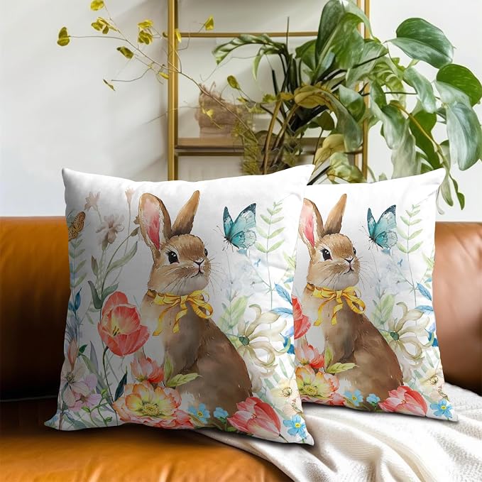 Easter Pillow Covers 20x20 Spring Easter Bunny Painting Decorative Throw Pillowcase Rabbit Floral Summer Square Couch Cushion Cover for Living Room Sofa Accent Home Decor, Set of 3