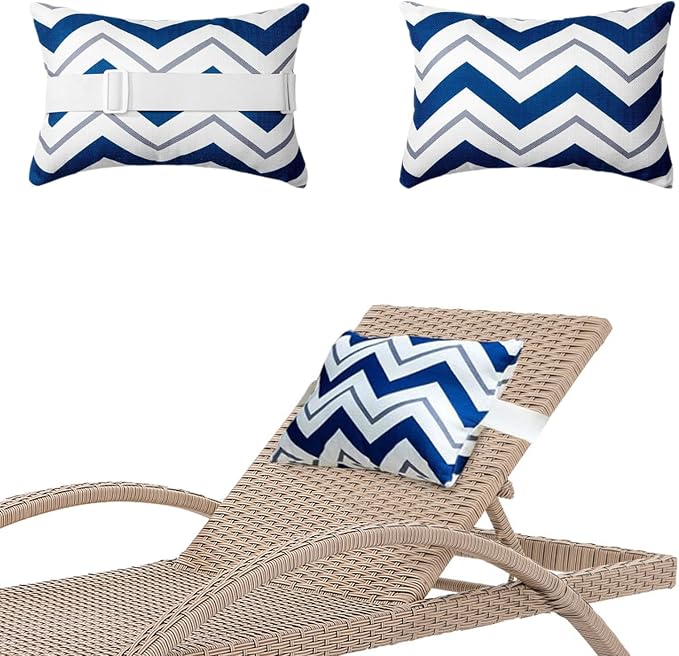 Chaise Lounge Head Pillow Oudoor Patio Pillow with Elastic Strap | 2 Pack Water Resistant Headrest Pillows for Recliner, Beach Chair, Office Chair, Wave