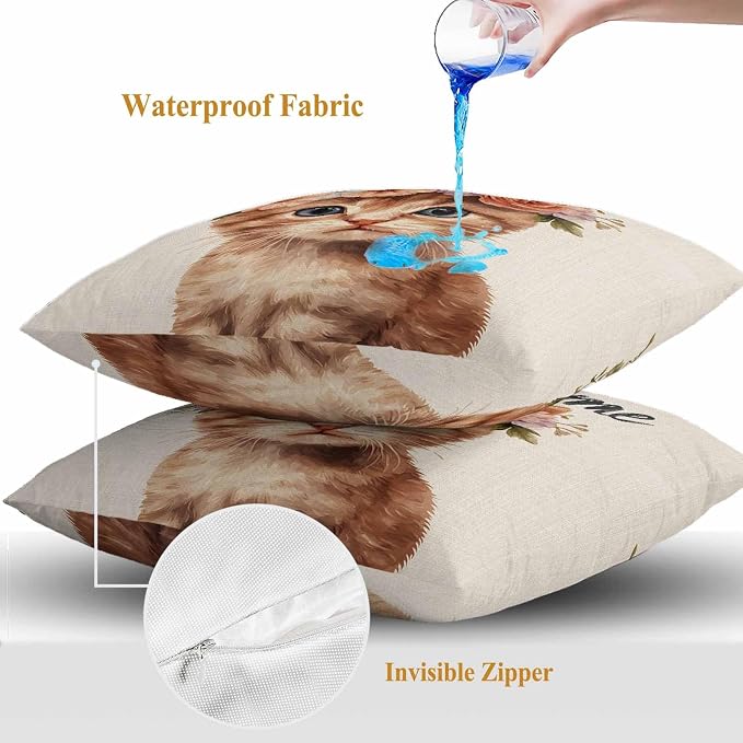 Cute Cat Outdoor Waterproof Throw Pillow Covers Set of 2, 18"x18", Garland Welcome Retro Decorative Pillow Covers Outside Cushion Case for Patio Porch Garden
