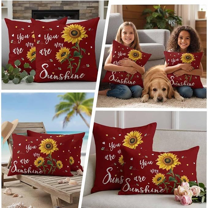 You Are My Sunshine Outdoor Pillow Covers Set of 2 Vintage Country Yellow Sunflower Floral Bees Heart Red Waterproof Throw Pillow Cover Decorative Cushion Cases for Patio Porch Garden 26X26 Inch