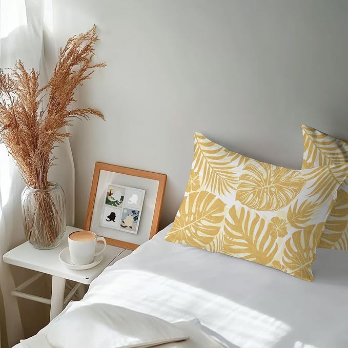 Yellow Palm Leaves Outdoor Pillow Covers 20"x12" Set of 2, Tropical Botanical Minimalist Modern Waterproof Throw Pillow Covers for Patio Furniture, Decorative Cushion Covers for Porch