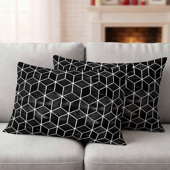Black Honeycomb Tiling Waterproof Outdoor Pillow Covers Set of 2 Home Decor, Wooden Grain Blocks Lumbar Pillowcase Patio Pillow Covers for Couch Bench Patio Furniture Garden 20x12in