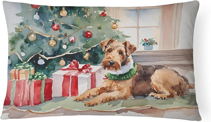 Caroline's Treasures DAC2588PW1216 Airedale Terrier Cozy Christmas Throw Pillow Machine Washable, Indoor Outdoor Decorative Pillow for Couch, Bed or Patio, 12HX16W