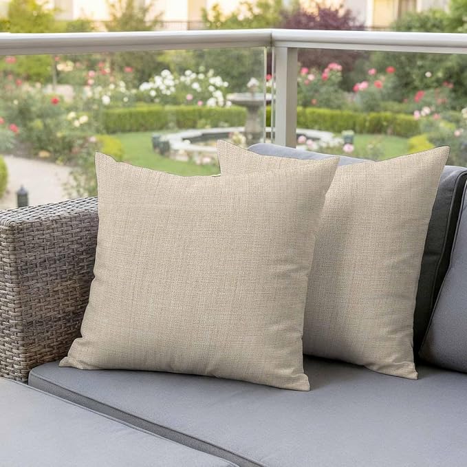 Vintage Cream Waterproof Outdoor Pillow Covers 24''x24'' Set of 2, Farmhouse Retro Beige Patio Furniture Linen Texture Cushion Covers for Chairs, Decorative Solid Color Pillow Cases for Garden/Pool