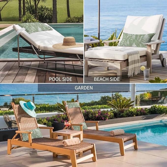 Outdoor Pillows for Chaise Lounge Chair Set of 2 Fern Leaves Sage Green Foliage Waterproof Lumbar Pillows with Insert for Beach Chair,Patio Office,Pool Recliner,Watercolor Botanical Sketch 11x16IN