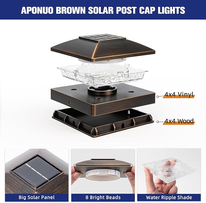 APONUO Solar Post Cap Lights for 4x4 Posts - IP64 Waterproof, Warm White, Wireless Fence Lights & Deck Lights for Patios, Gardens, and Yards, Brushed Copper, 20 Pack