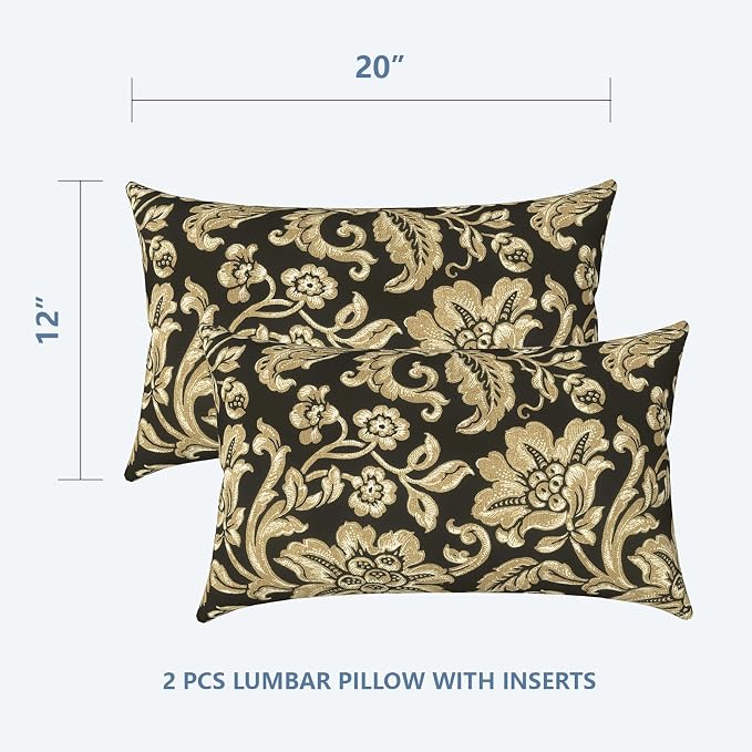 LVTXIII Set of 2 Patio Lumbar Pillows, 12" x 20" Fade Resistant Outdoor Lumbar Pillow with Inners, Fluffy Decorative Garden Lumbar Cushions for Home Patio Coach Sofa Use, Jacobean Black