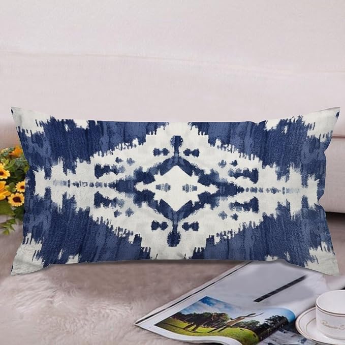 Set of 2 Navy Blue Grey and Beige Ikat Pattern Print Cushion Cover Case with Zipper 12x24in Canvas Pillow Cover Rectangle Pillow Case for Couch Bed Car Pub Coffee Bar Living Room Decoration
