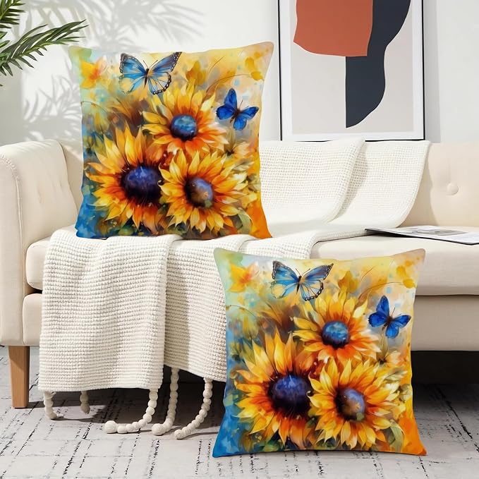 Oil Painting Sunflower Pillow Covers Sun Flower with Butterfly Throw Pillow Covers 24x24 Set of 2 Vintage Pillowcase Double Sided Printing Cushion Case for Home Decor Outdoor Sofa