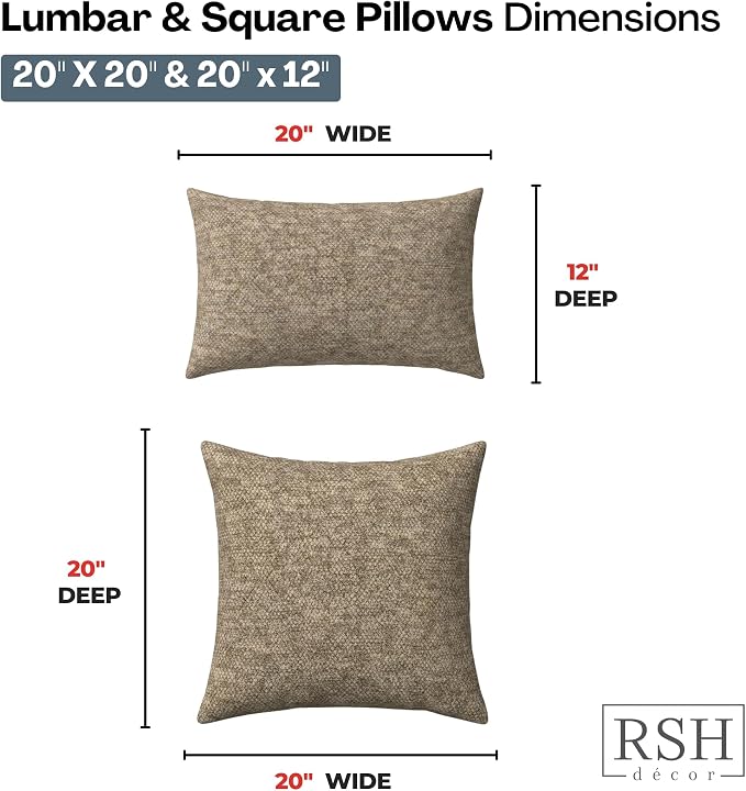 RSH DECOR: Sunbrella Lumbar & Square Pillows Set of 4 | 20" x 12" & 20" x 20" | Water and Fade-Resistant Performance Fabric | Outdoor Throw Pillows for Patio Furniture | Made in USA (Berber Cafe)