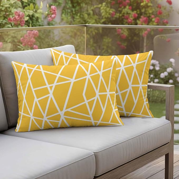 Outdoor Pillow Covers Waterproof, Yellow Geometric Decorative Rectangle Throw Pillowcases Patio Cushion Covers for Tent/Garden, 20" x 12" 2 Pack, Abstract Stripes Modern Minimalist