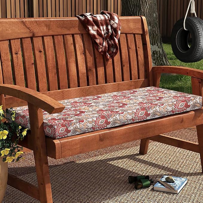 Magpie Fabrics Patio Bench Cushion Cover 42x18x3 Inch, NO Insert! Water Resistant Outdoor Loveseat Replacement Cover with Zipper (Botanical Red Orange)