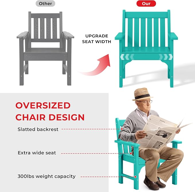 Costaelm Outdoor Dining Arm Chair, Patio HDPE Garden Dining Table Chair, Poly Lumber Waterproof Restaurant Bistro Farmhouse Chairs for Outside Porch Backyard, Turquoise