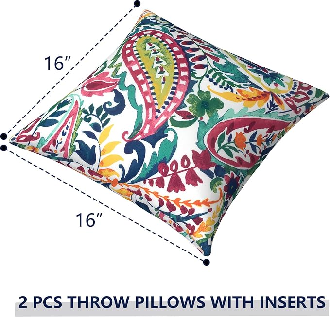 Outdoor Pillows for Patio Furniture 16x16 inch, Square Outdoor Throw Pillows with Inserts, Decorative Patio Pillows for Garden Couch Home Sofa Office Chair, Pack of 2, Vigour Paisley