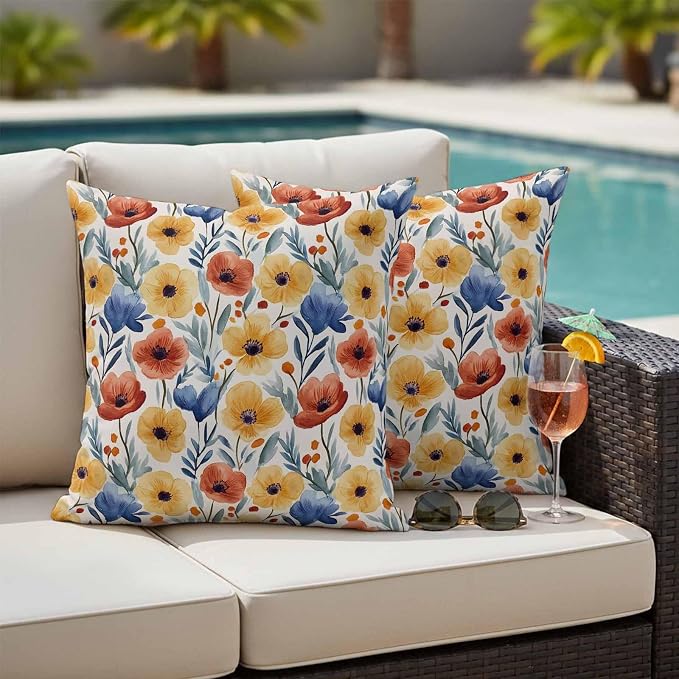 Spring Floral Outdoor Pillow Covers 26x26 Inch Throw Pillow Covers Set of 2 Waterproof Decorative Pillow Cases Red Yellow Blue Summer Botanical Cushion Covers for Patio Furniture Garden Couch Sofa