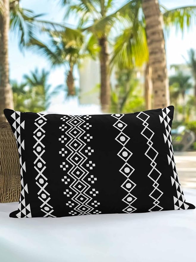 Outdoor Waterproof Throw Pillows 12x20in, Traditional Tribal White Diamond Patio Pillows Pack of 1, Decorative Pillow Covers with Insert, Pillow Cushion Case for Garden Boho Geometric on Black