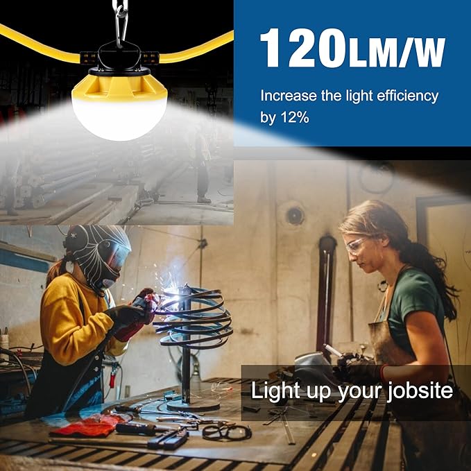 LED Construction String Light 50FT, 50W 6000Lm,18AWG Wire,5000K Linkable String Work Lights with 5 Bulbs & Hooks, Industrial Temporary Lighting for Construction Site, Crawl Space,Job Site,Attic