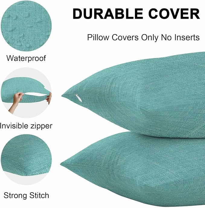 Vandarllin Outdoor Throw Pillows Covers 18x18 inch Set of 2 Waterproof Turquoise Linen Decorative Zippered Cushion Covers for Patio Furniture, Farmhouse Pure Color Lumbar Pillowcases