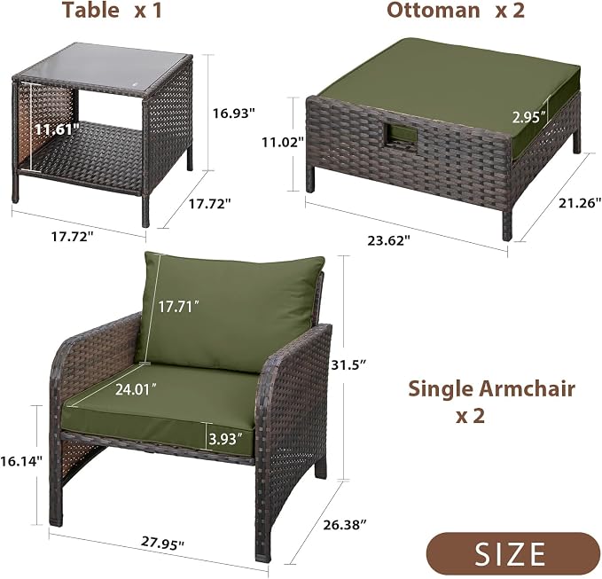 LEVELEVE Balcony Furniture 5 Piece Patio Conversation Set, PE Wicker Rattan Outdoor Lounge Chairs with Soft Cushions 2 Ottoman&Glass Table for Porch, Lawn-Brown Wicker（Army Green