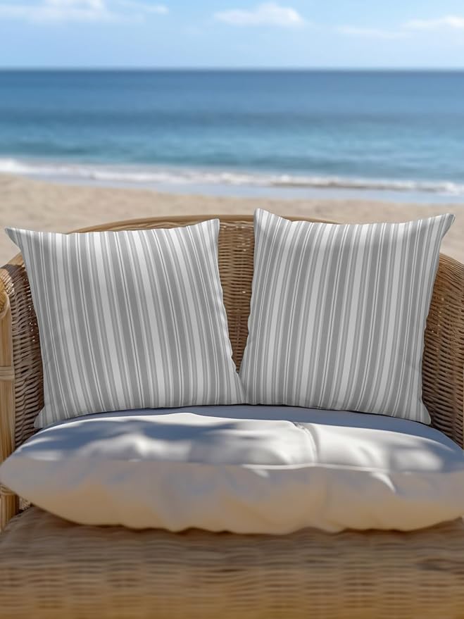Waterproof Outdoor Pillow Set of 2 Grey Stripes Decorative Throw Pillows Cover & Insert 18x18 Inch Pillowcase White Lines Lines Square Pillows for Couch Sofa Bed Patio Furniture Indoor Outdoor