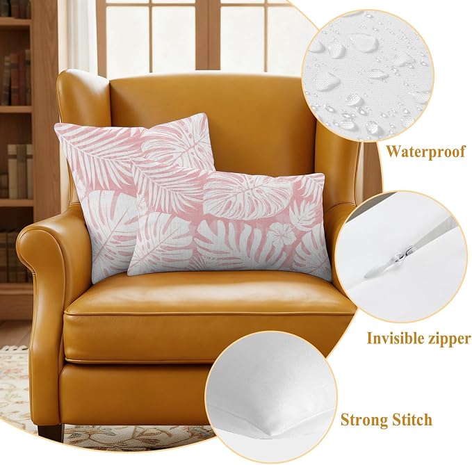 Pink Palm Leaves Outdoor Pillow Covers 16"x16" Set of 2, Tropical Botanical Modern Minimalist Waterproof Throw Pillow Covers for Patio Furniture, Decorative Cushion Covers for Porch