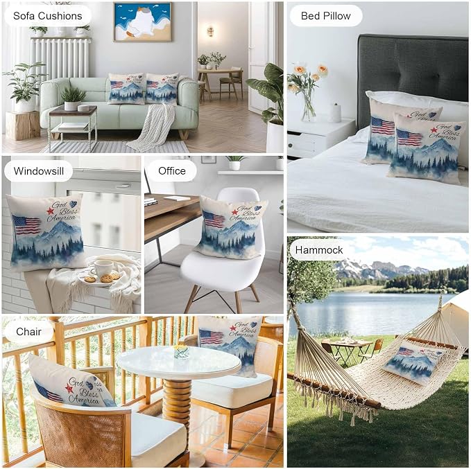 4th of July Outdoor Pillow Covers 16x16 Inch Throw Pillow Covers Set of 2 Waterproof Decorative Pillow Cases Independence Day American Flag Forest Cushion Covers for Patio Furniture Garden Couch Sofa