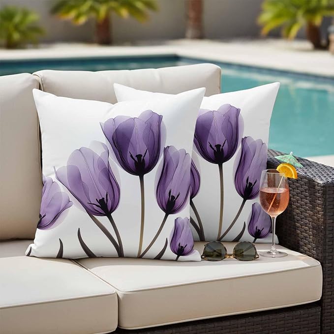 Spring Purple Outdoor Waterproof Throw Pillow Covers Set of 2, 24"x24", Flowers Image of Tulips Floral Decorative Pillow Covers Outside Cushion Case for Patio Porch Garden