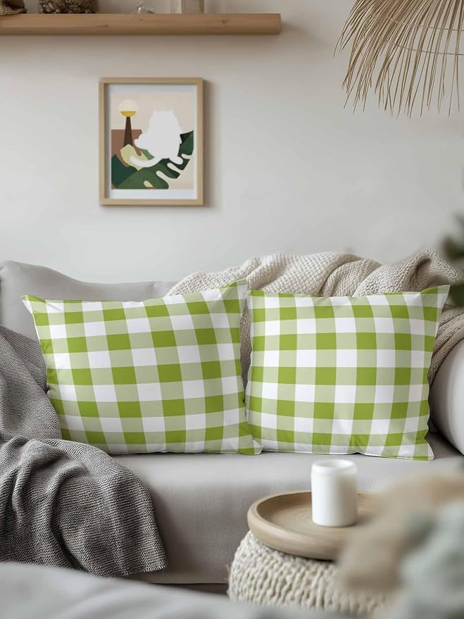 Waterproof Outdoor Pillow 1 Pack Avocado Green Buffalo Plaid Decorative Throw Pillows Cover & Insert 16x16 Inch Pillowcase Check Lines Square Pillows for Couch Sofa Bed Patio Furniture Indoor Outdoor