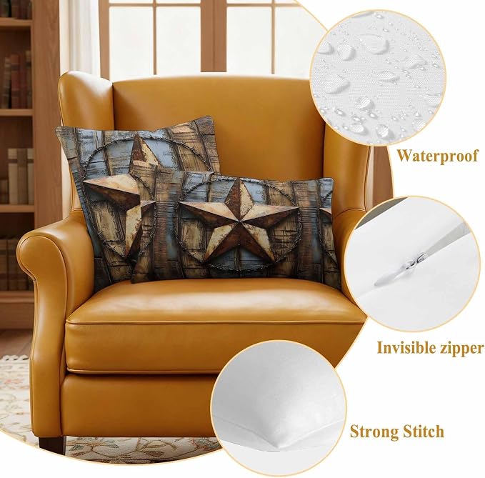 Rustic Star Brown Waterproof Outdoor Pillow Covers Set of 2 Home Decor, Vintage Farmhouse Wooden Grain Art Pillowcase Patio Pillow Covers for Couch Bench Furniture Garden 18x18in