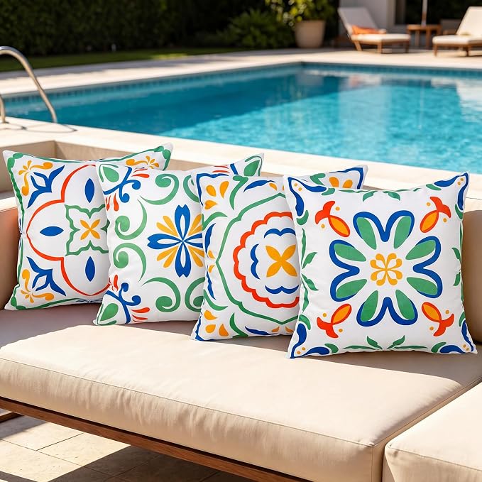 Merrycolor Summer Outdoor Waterproof Throw Pillow Covers 18x18Inch Set of 4 Boho Farmhouse Decorative Pillowcases Print Flowers Accent Cushion Covers for Couch Patio Swing and Garden Sofa Blue Green