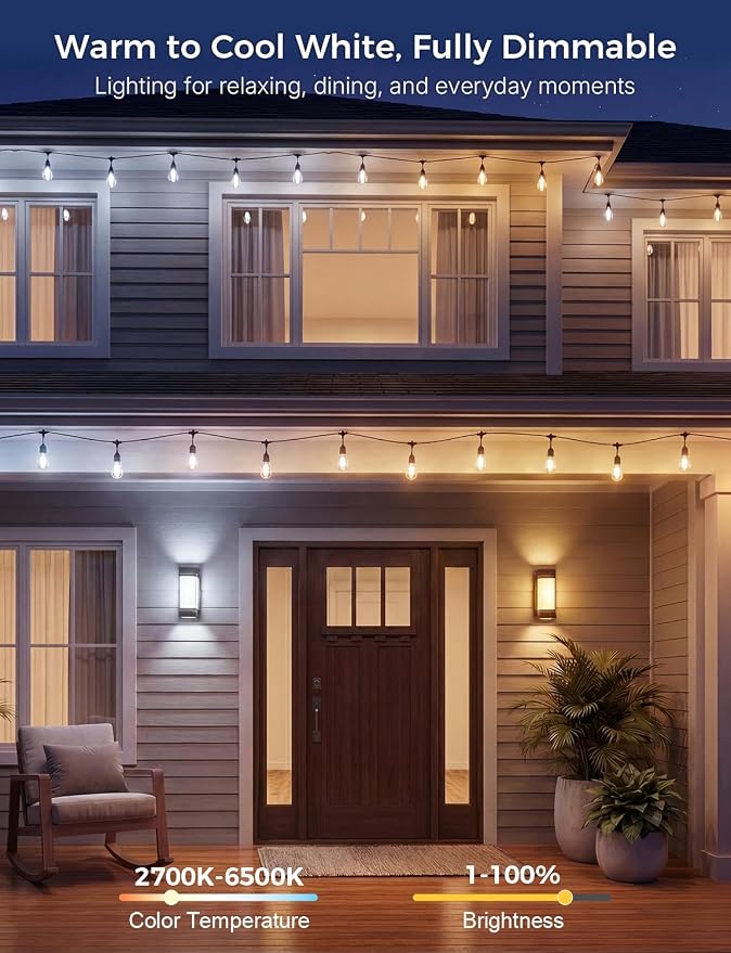 XMCOSY+ Smart Outdoor String Lights 98FT, LED Patio Lights with App Control | DIY Color Changing, RGBCW Dimmable White, Segment Control, Alexa Voice Control, IP65 Waterproof & Shatterproof, for Outside