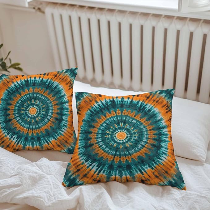 Vandarllin Outdoor Throw Pillows Covers 18x18 inch Set of 2 Waterproof Turquoise Orange Tie-Dye Art Decorative Zippered Cushion Covers for Patio Furniture, Abstract Boho Tribe Lumbar Pillowcases