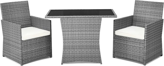 RELAX4LIFE 3-Piece Outdoor Furniture Set - All-Weather Wicker Rattan Patio Dining Set w/Tempered Glass Coffee Table & Cushions, Modern Bistro Conversation Set for Yard Balcony (White)