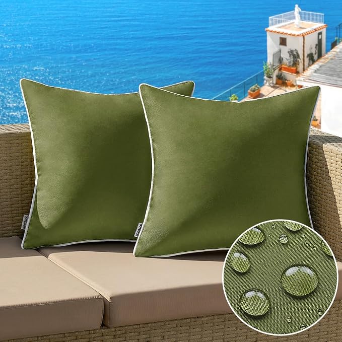 MIULEE Outdoor Waterproof Pillow Covers 18x18 Moss Green Pack of 2 | Decorative Farmhouse Throw Pillow Covers with Piping,Square Solid Color,Patio Furniture,Summer Couch Tent Sofa Living Room