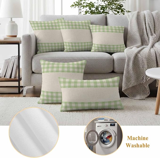 Retro Green Outdoor Waterproof Pillow Covers, Farmhouse Buffalo Plaid Vintage Beige Decorative Square Throw Pillowcase Sofa Cushion Sham for Patio/Couch/Chair, 20"x20" 2 Pack