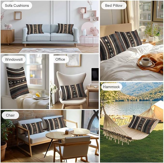 Black Beige Boho Outdoor Pillow Covers 20x12 Inch Lumbar Pillow Covers Set of 2 Waterproof Decorative Throw Pillow Cases Vintage Abstract Geometric Ethnic Cushion Covers for Patio Furniture Garden
