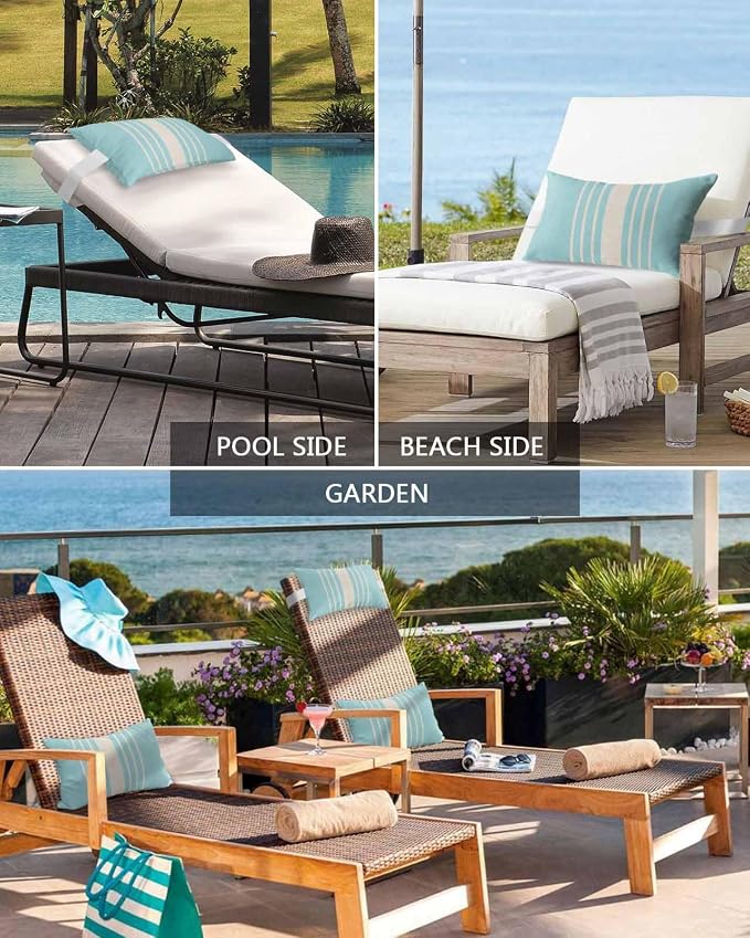 Pack of 4 Outdoor Lumbar Pillow Covers 12x20 Inch, Aqua Beige Striped Waterproof Throw Pillow Covers Set, Modern Farmhouse Retro Lines Indoor&Outdoor Decorative Cushion Cases for Patio Porch Beach
