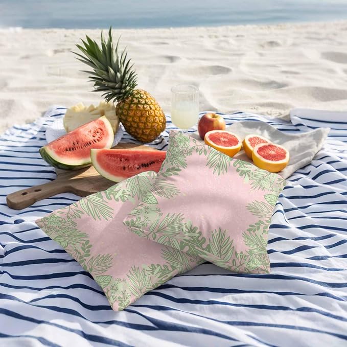 Vandarllin Outdoor Throw Pillows Covers 16x16 inch Set of 2 Waterproof Sage Green Leaves Decorative Zippered Cushion Covers for Patio Furniture, Spring Floral Plants Pink Lumbar Pillowcases