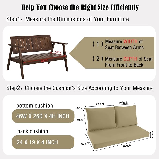 Outdoor Loveseat Cushions for Patio Furniture, Waterproof Cushion | Couch Hampton Bay Deep Seat Cushion Replacement Set 46" x 26", Patio Love Seat Sofa Cushions for Porch Garden Chair, Khaki
